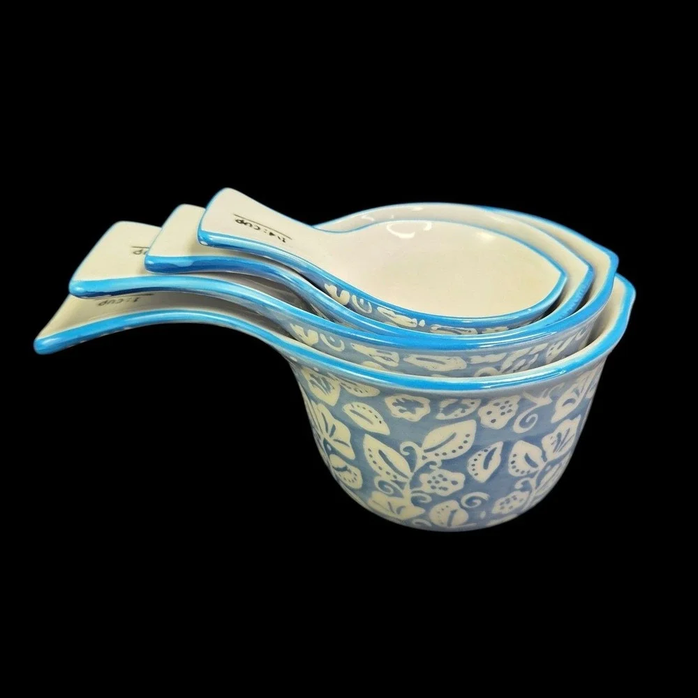 Sparrow and Wren Ceramic Measuring Cups Set 4 Blue Floral Leaf Kitchen Cooking